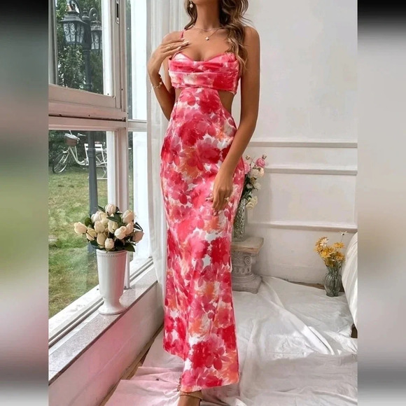 Floral Print Ruched Cutout Waist Crisscross Backless Cami Dress - Picture 4 of 4